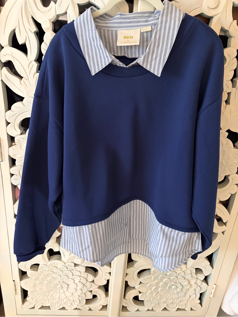 Maeve Navy Blue Medium Layered Sweatshirt with Blue-White Stripe Shirt attached